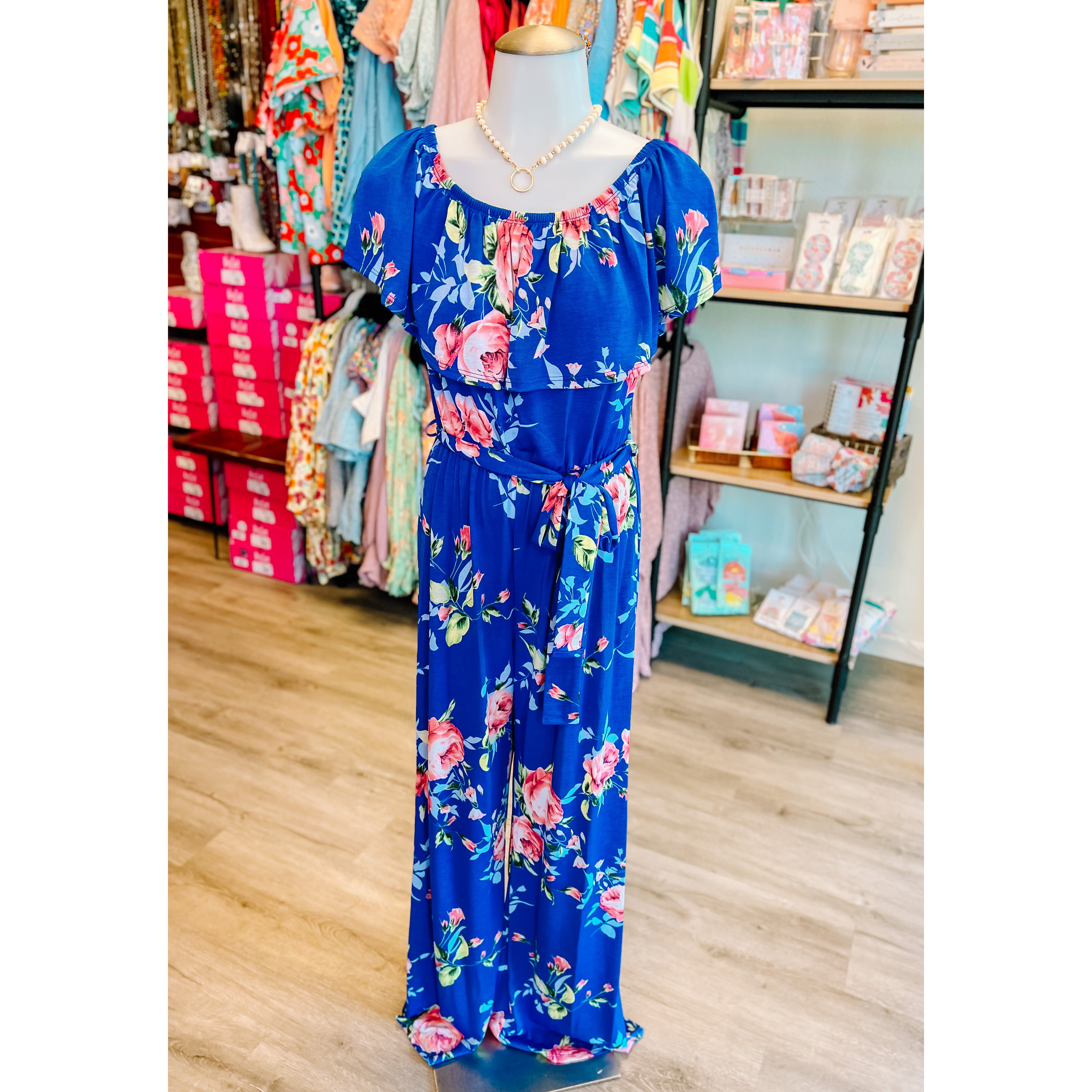 Blue Floral Off/On Shoulder Jumpsuit