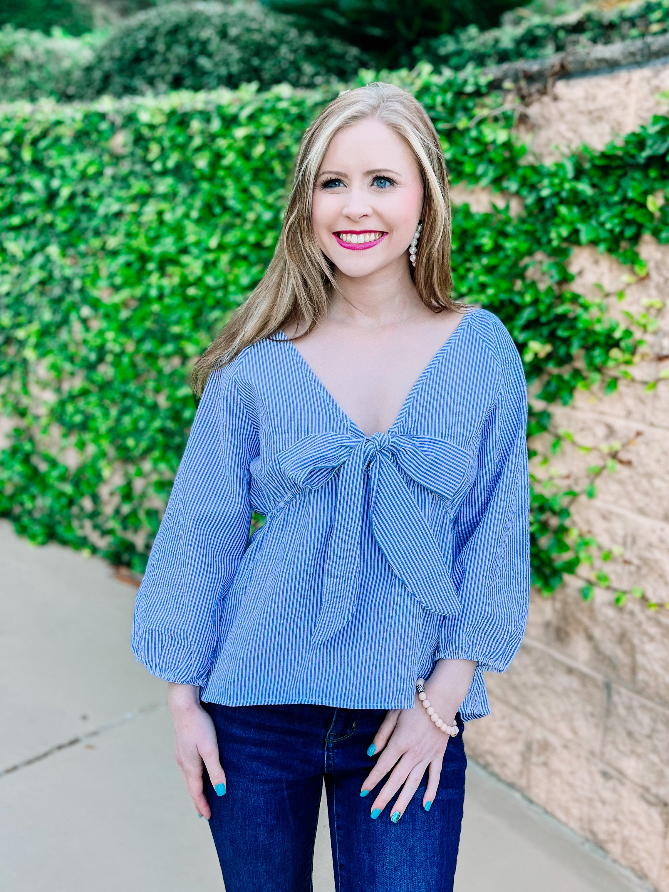 Seersucker Blue Striped Knotted Top- PLUS- SALE