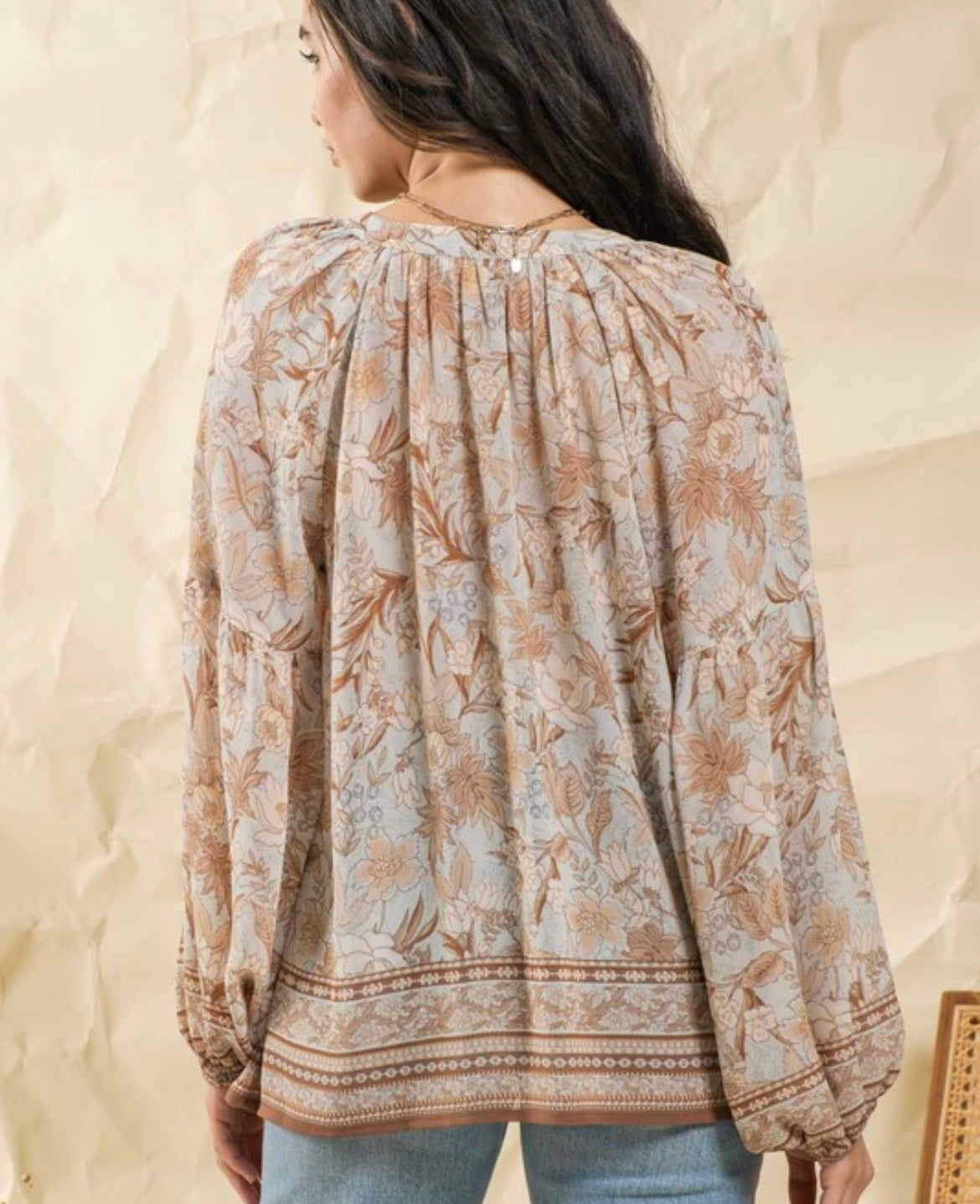 Brown Floral Balloon Sleeve Button Blouse- PLUS- SALE- 3X LEFT