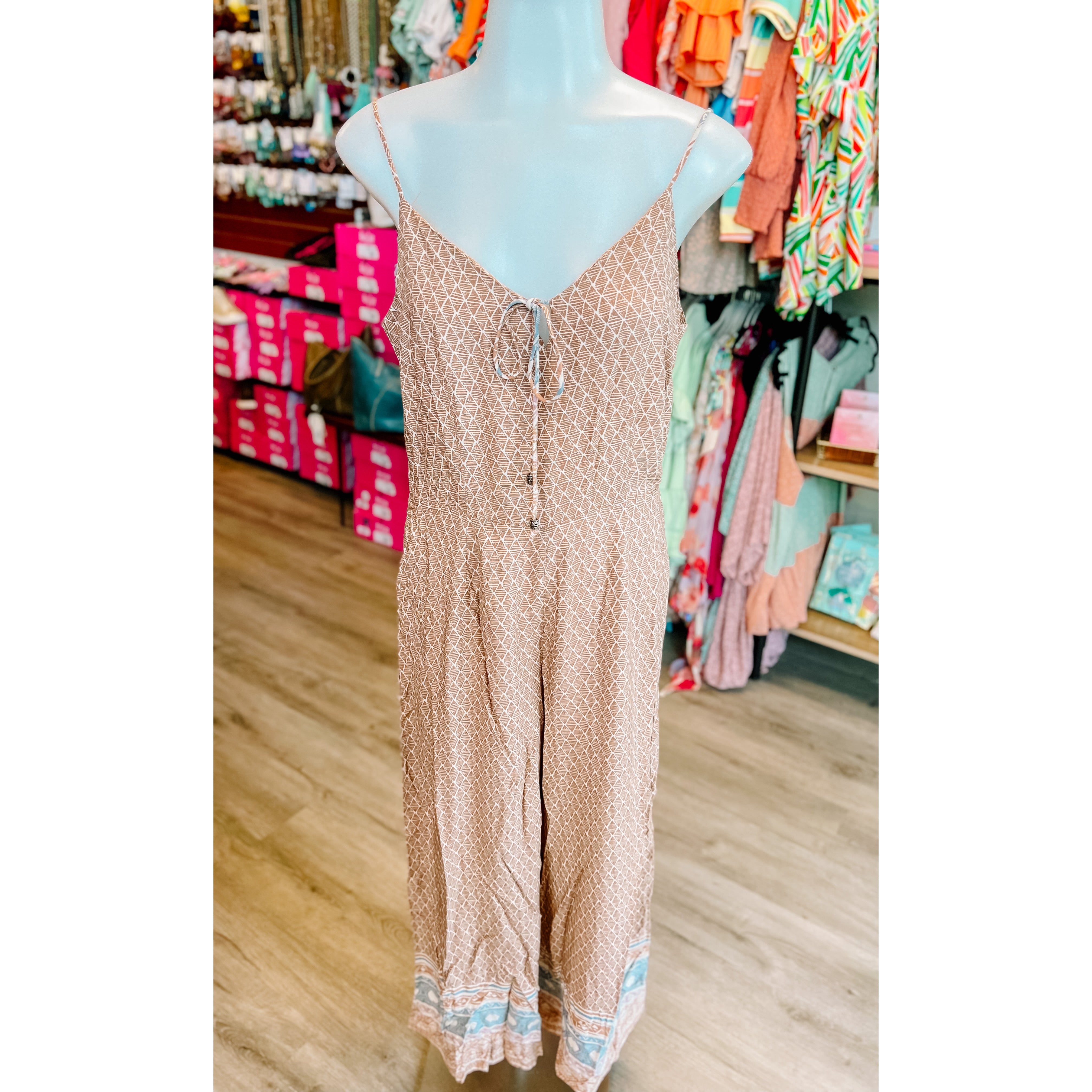 TAUPE PRINTED STRAPPY FLARE PANT JUMPSUIT