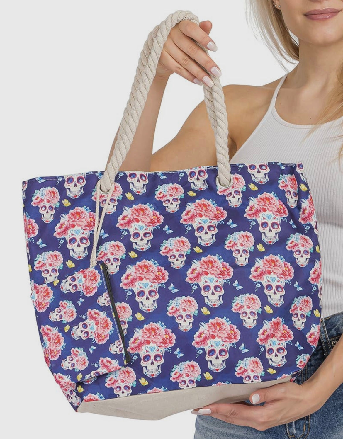 Sugar Skull Floral Tote Bag With Mini Pouch Inside