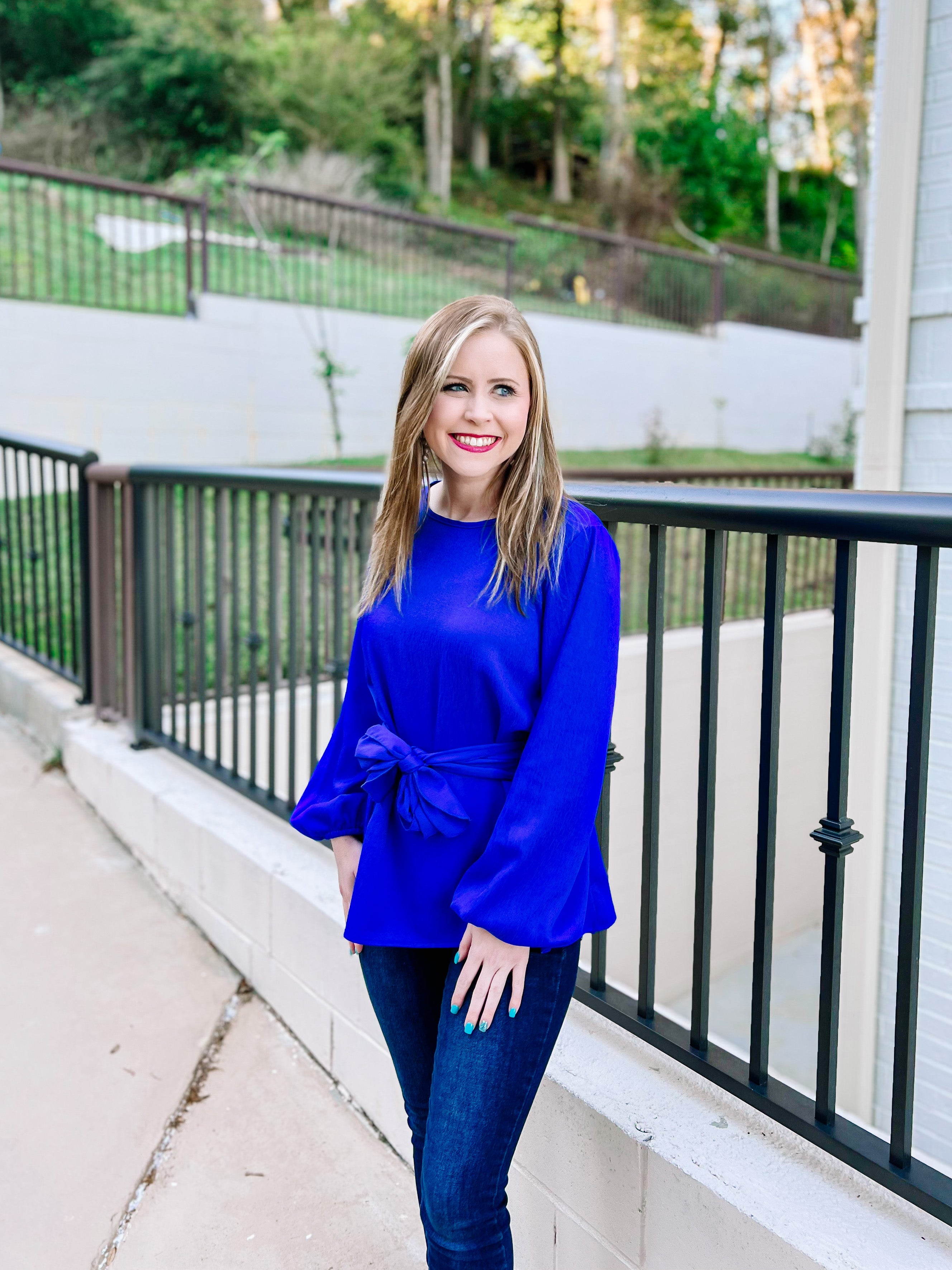 Royal Blue Tie Waist Bow Blouse