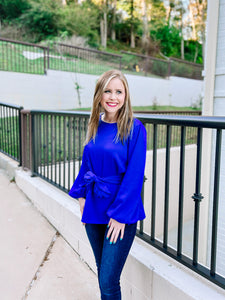 Royal Blue Tie Waist Bow Blouse