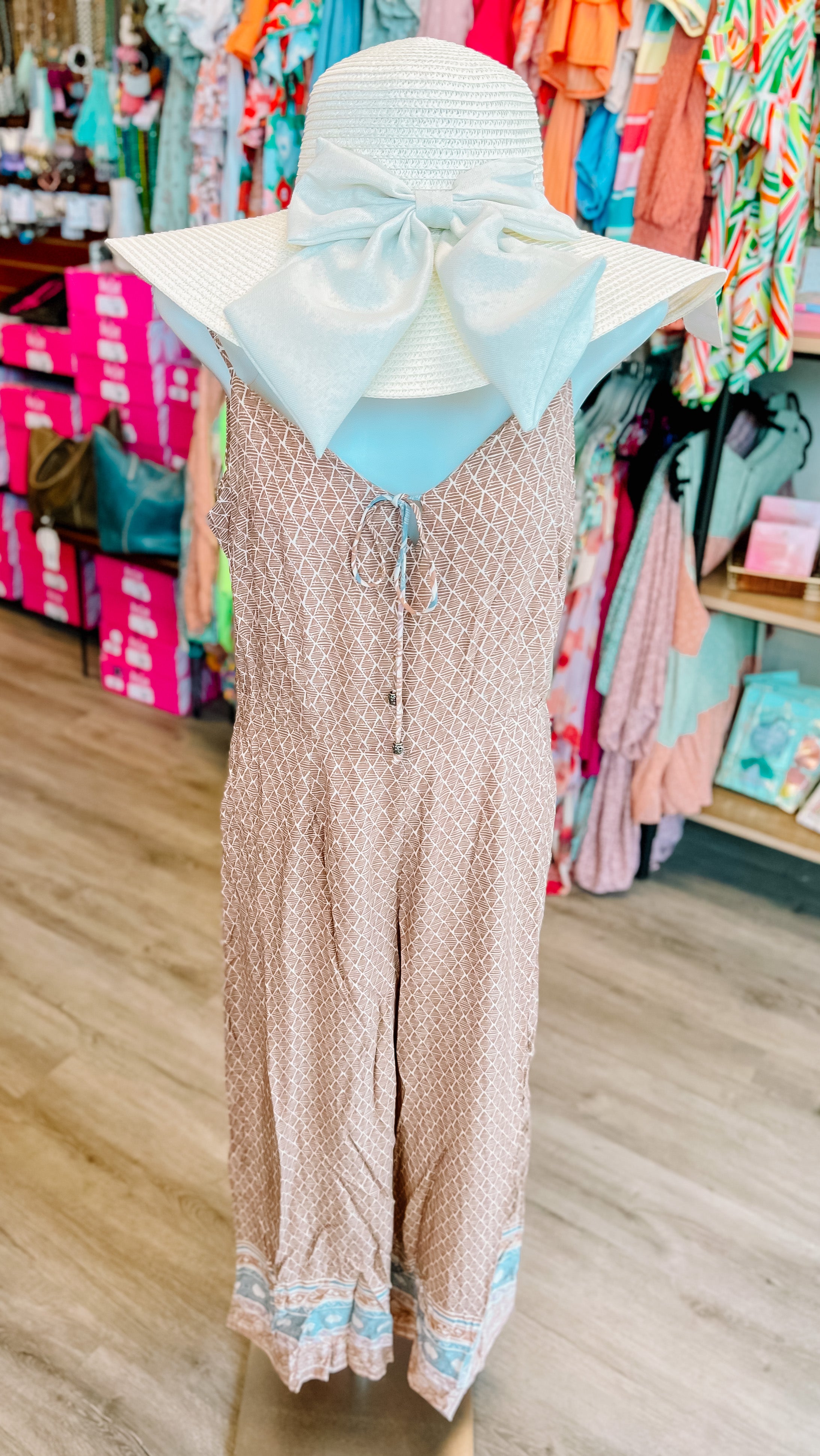 TAUPE PRINTED STRAPPY FLARE PANT JUMPSUIT