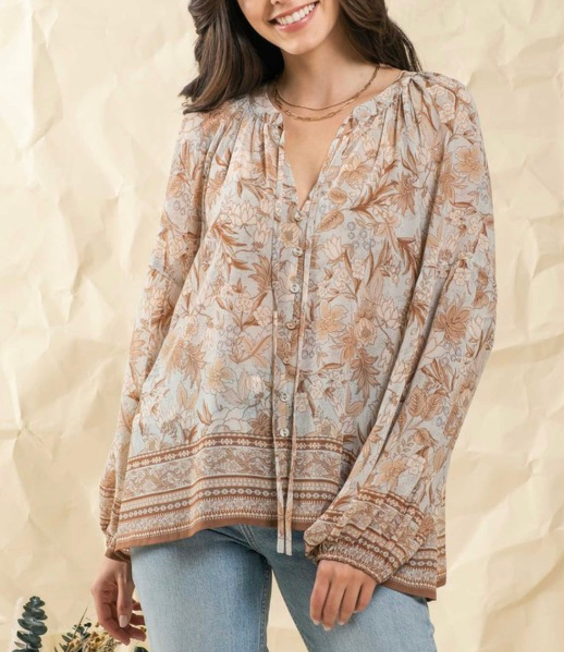 Brown Floral Balloon Sleeve Button Blouse- PLUS- SALE- 3X LEFT