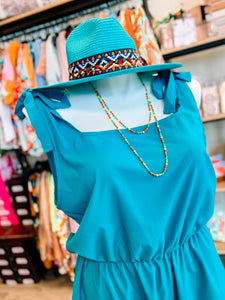 Teal Woven Tie Knot Bow Romper-PLUS