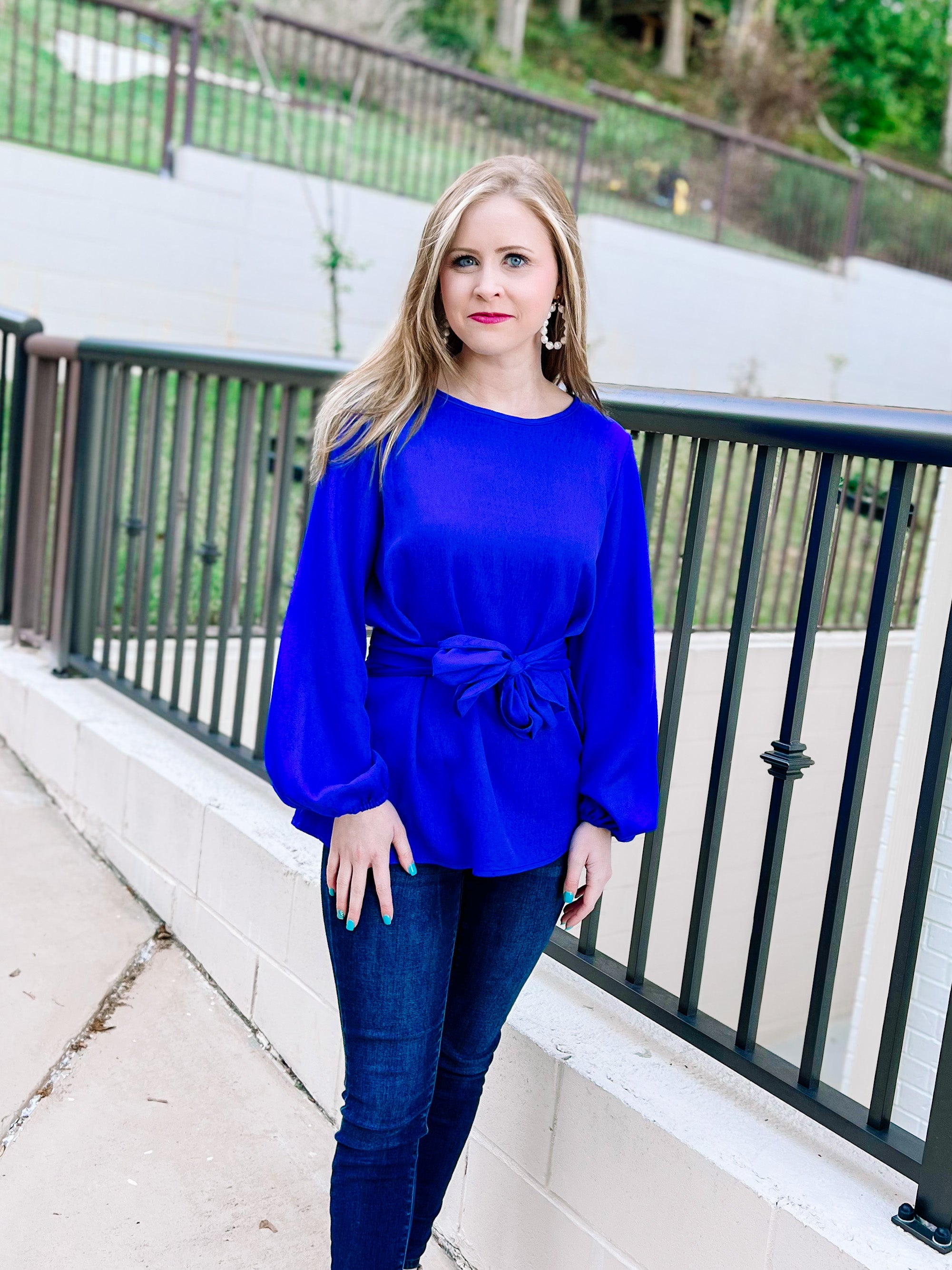 Royal Blue Tie Waist Bow Blouse