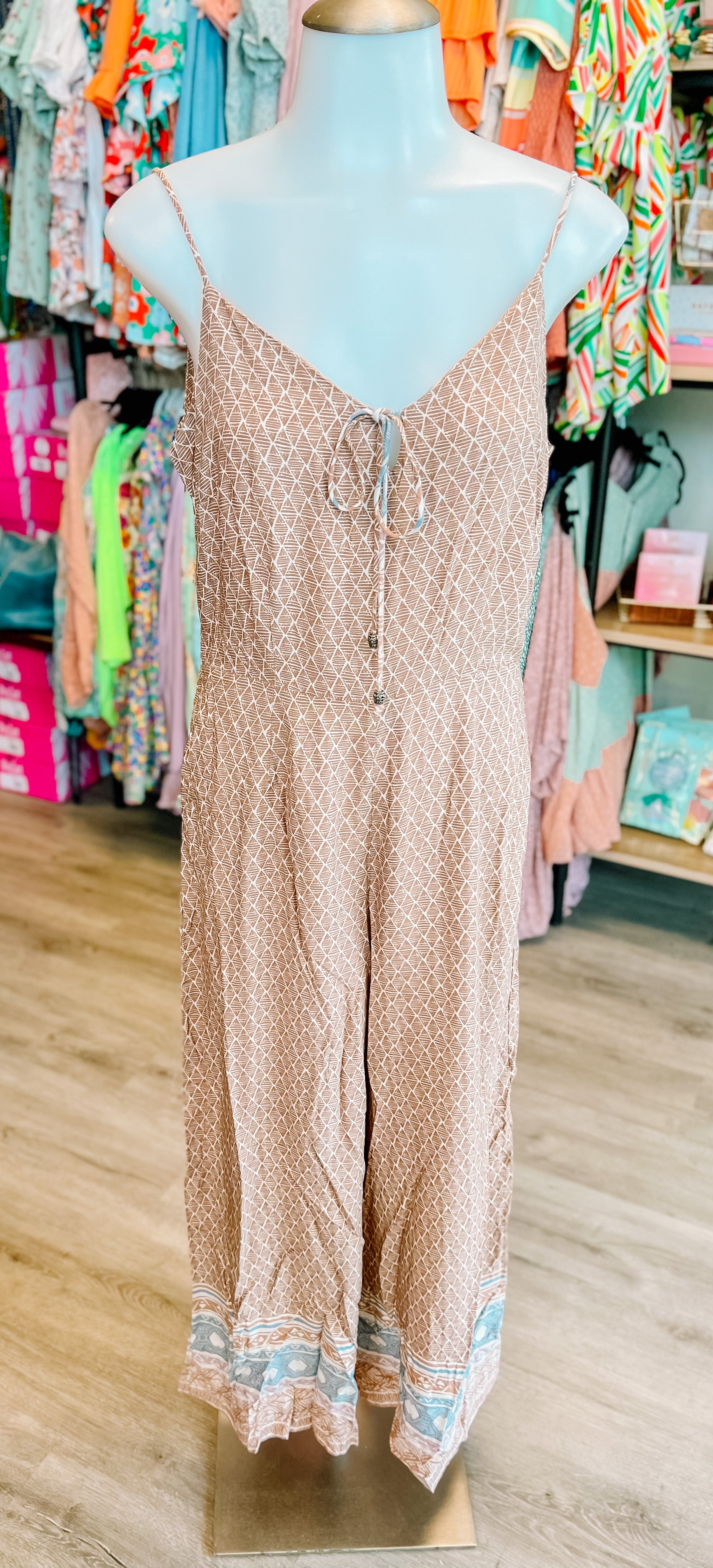 TAUPE PRINTED STRAPPY FLARE PANT JUMPSUIT