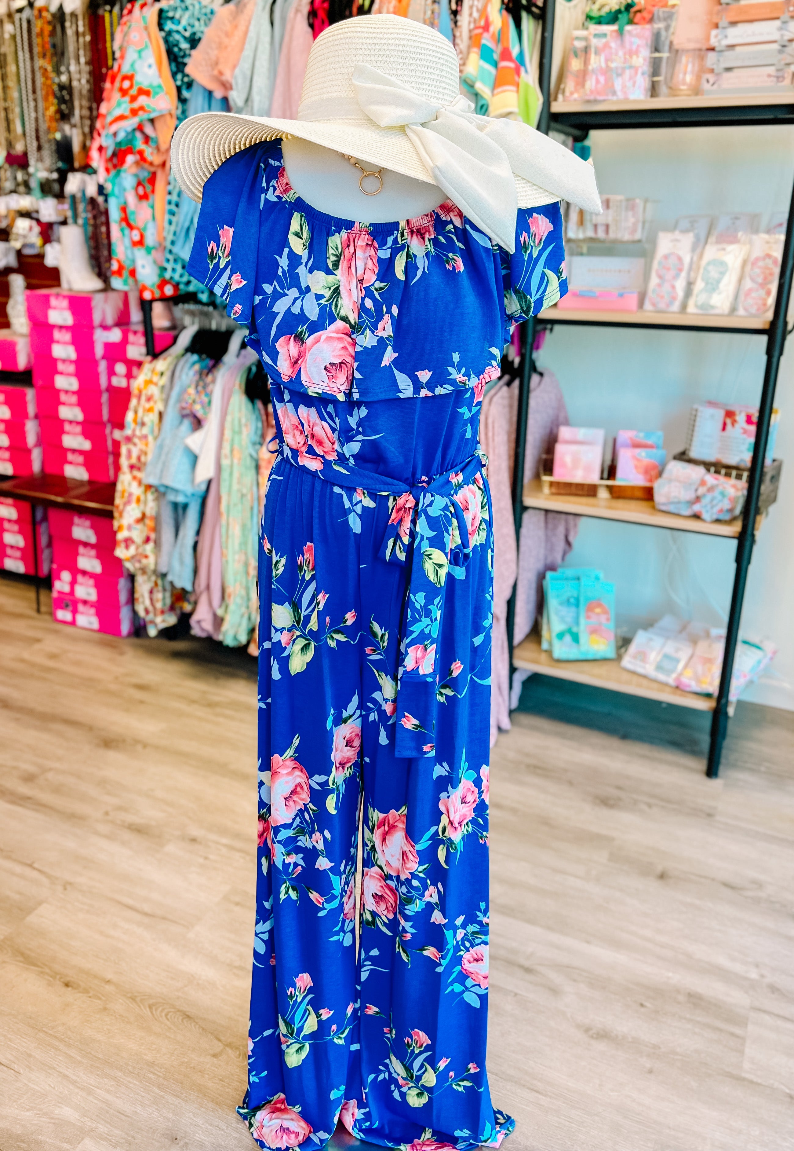 Blue Floral Off/On Shoulder Jumpsuit