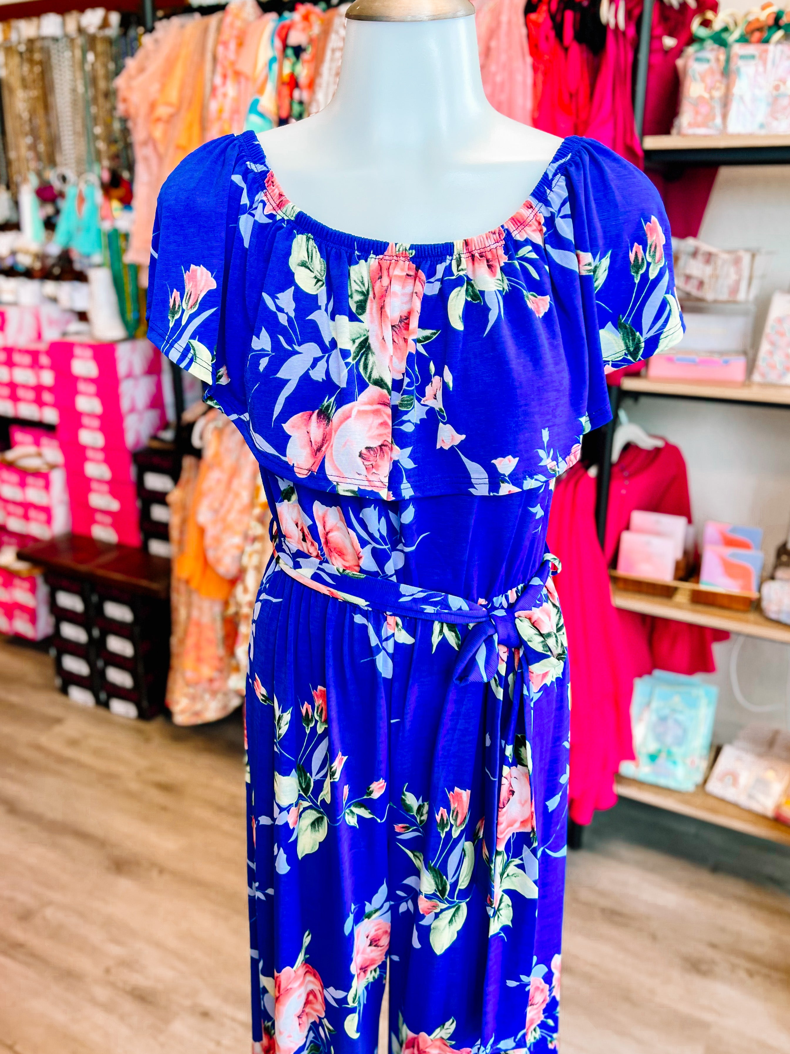 Blue Floral Off/On Shoulder Jumpsuit