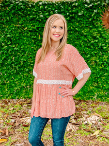 Coral Floral Short Sleeve Top-PLUS 3X