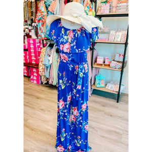 Blue Floral Off/On Shoulder Jumpsuit