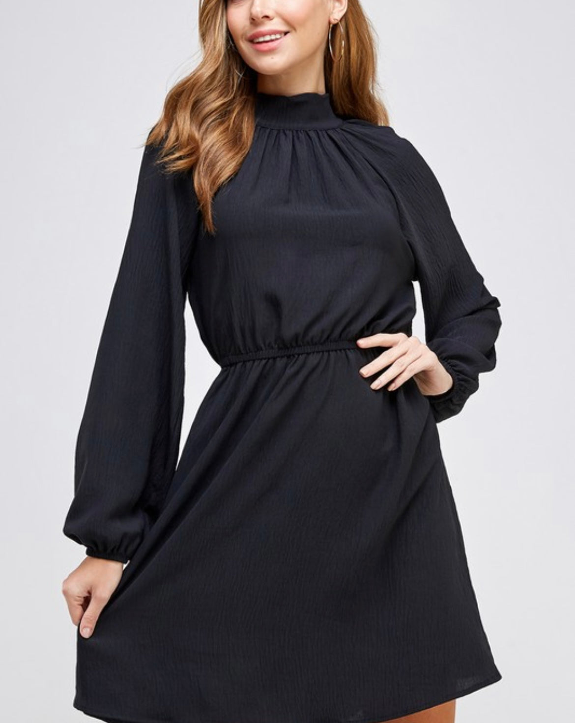 Mock Neck Ruched Waist Longsleeve Dress