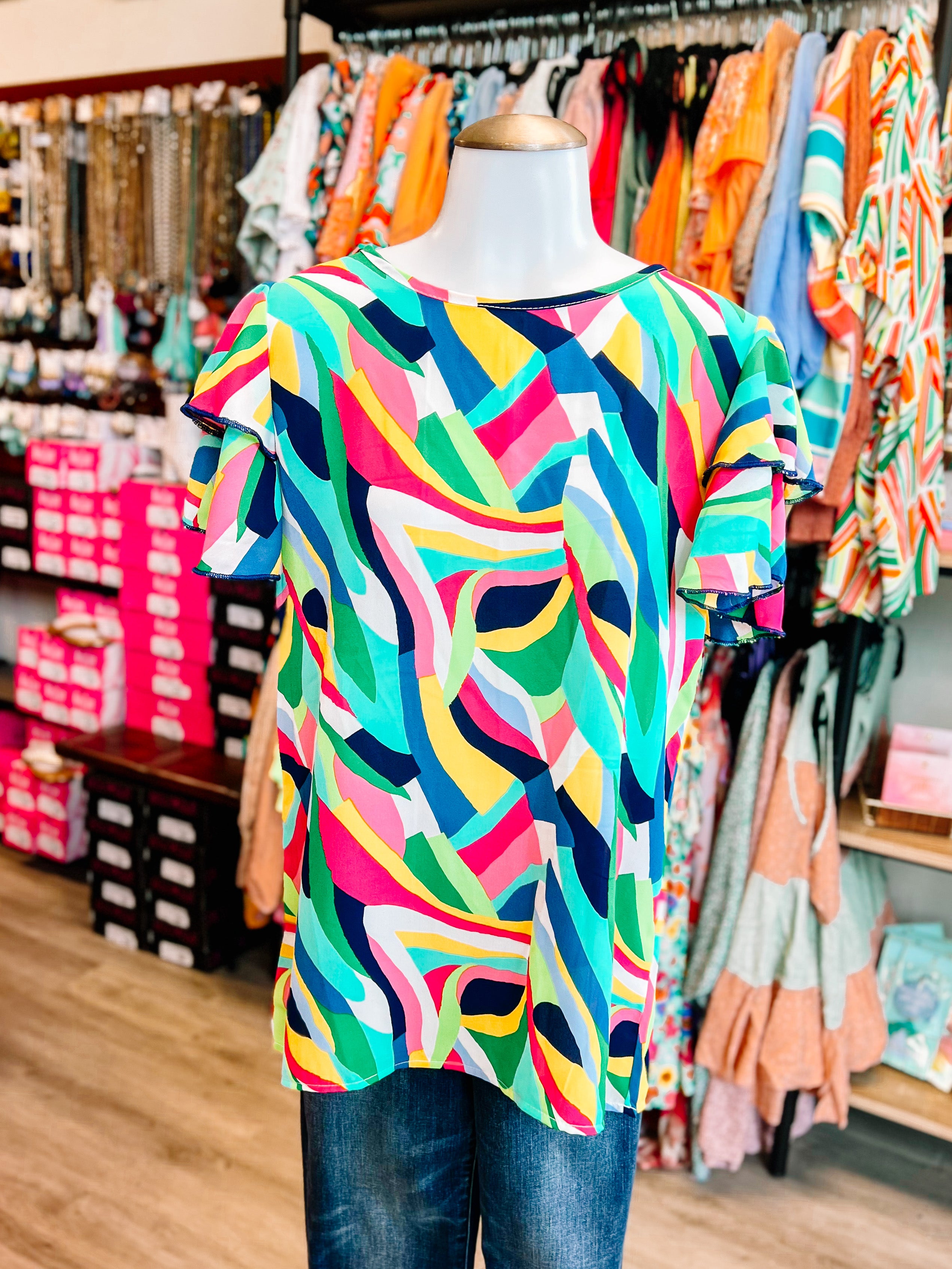 Green Navy Geometric Rufle Top- PLUS- SALE- 1X AVAILABLE