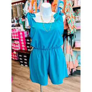 Teal Woven Tie Knot Bow Romper-PLUS