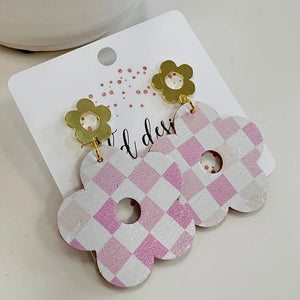 Pink Flower Checkered Earrings TLD Designs