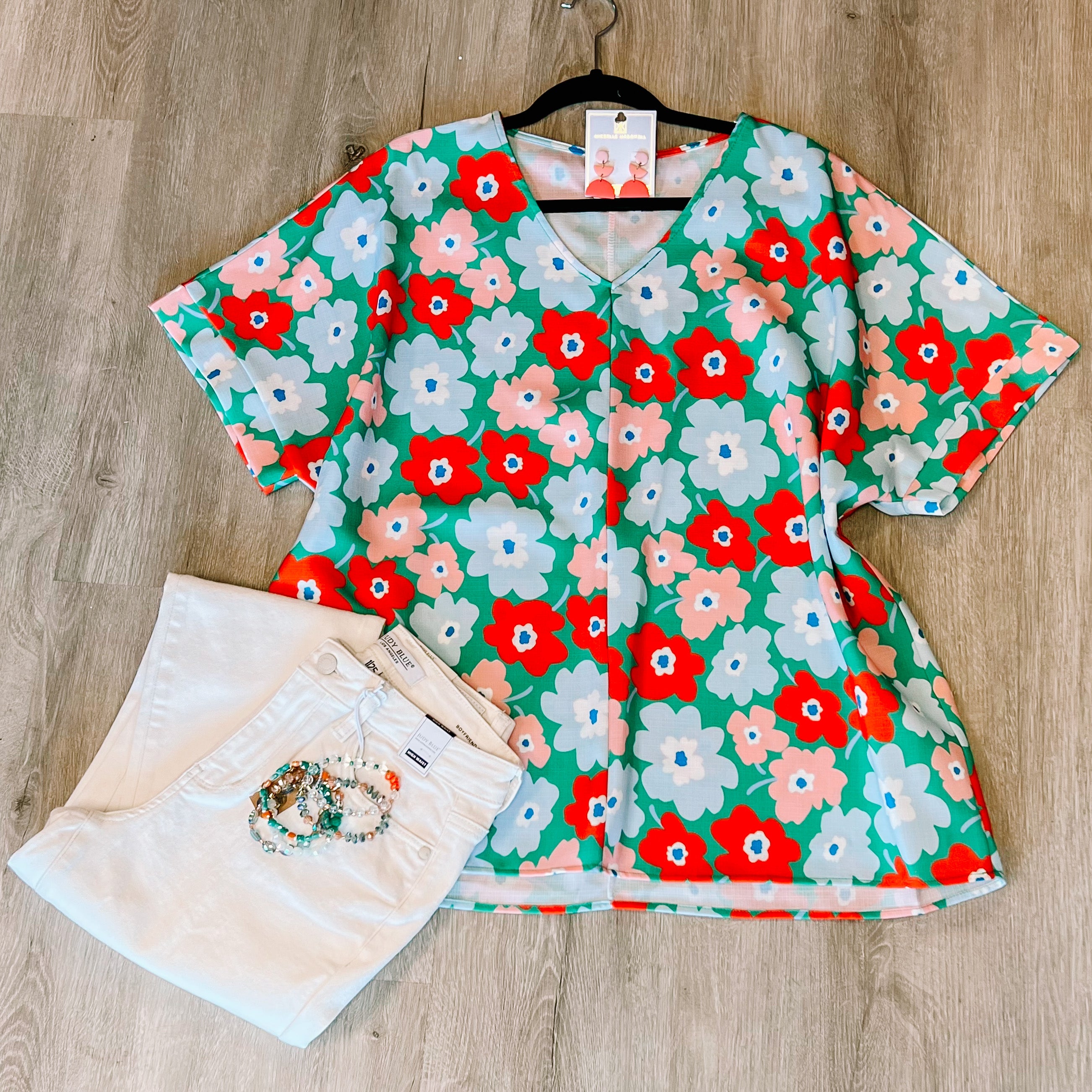 Green Orange Floral Vneck Drop Shoulder Top- SALE