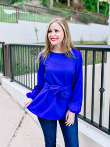 Royal Blue Tie Waist Bow Blouse