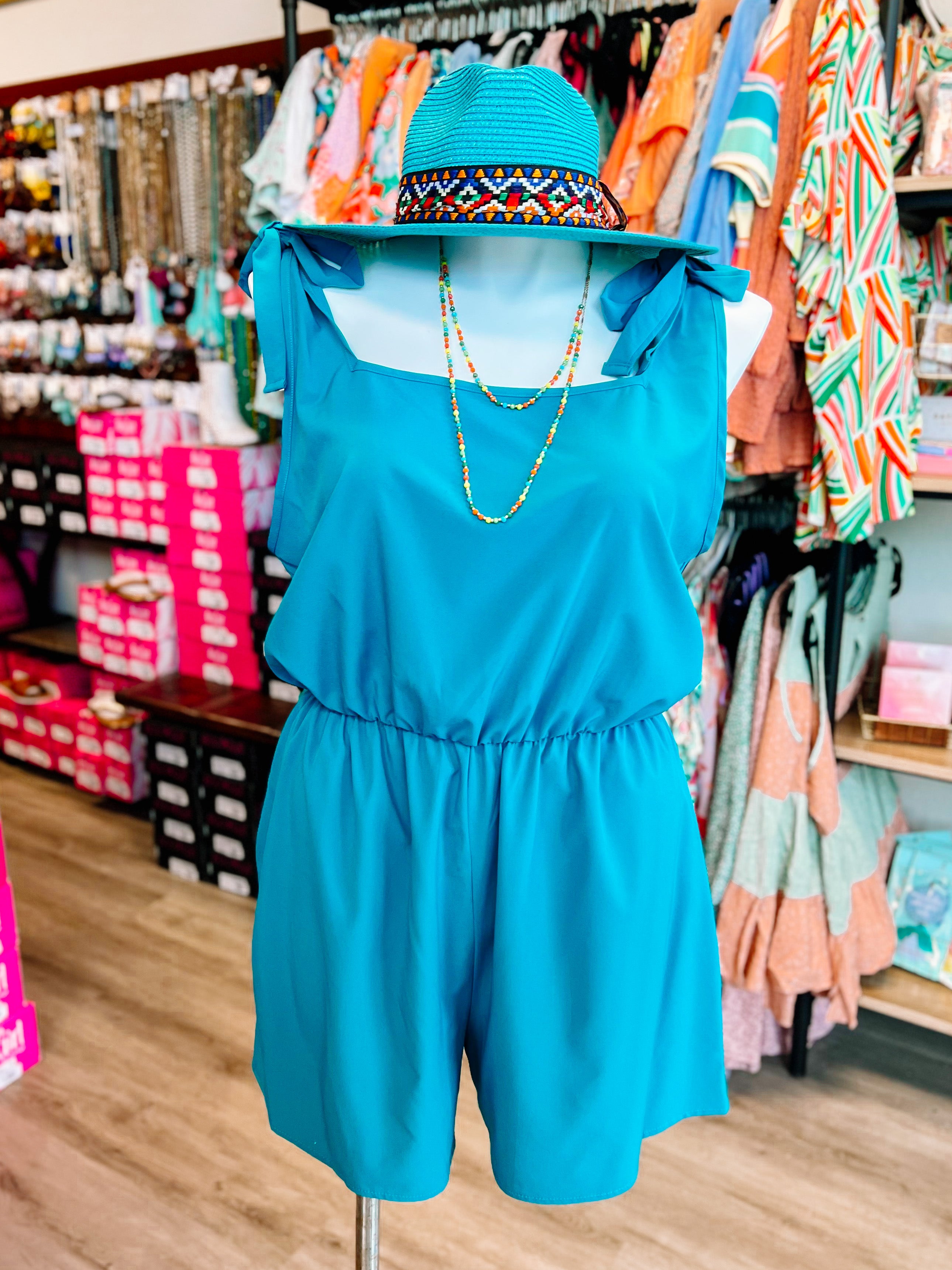 Teal Woven Tie Knot Bow Romper-PLUS