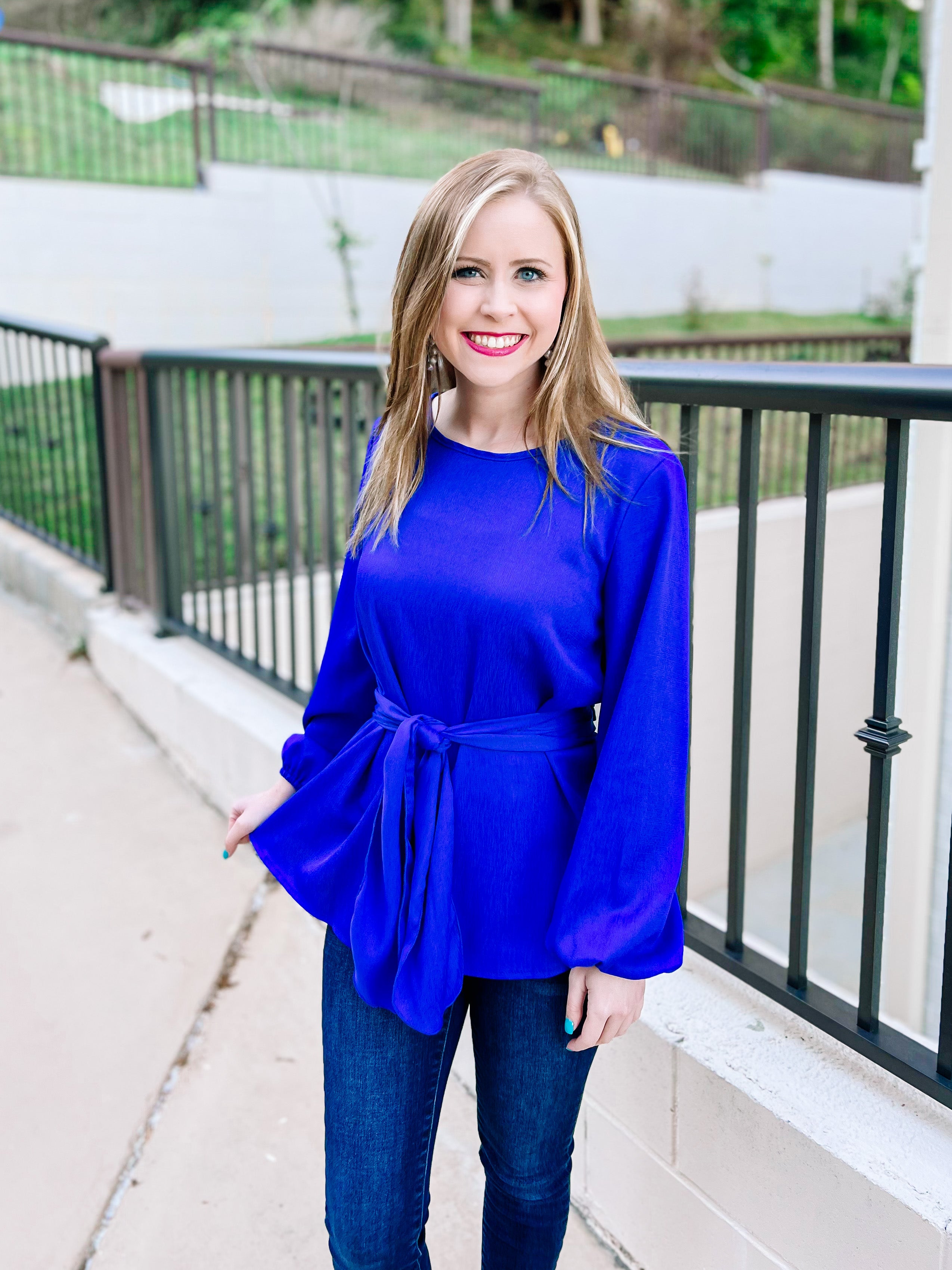 Royal Blue Tie Waist Bow Blouse