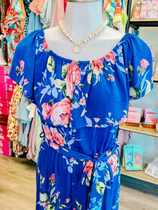 Blue Floral Off/On Shoulder Jumpsuit