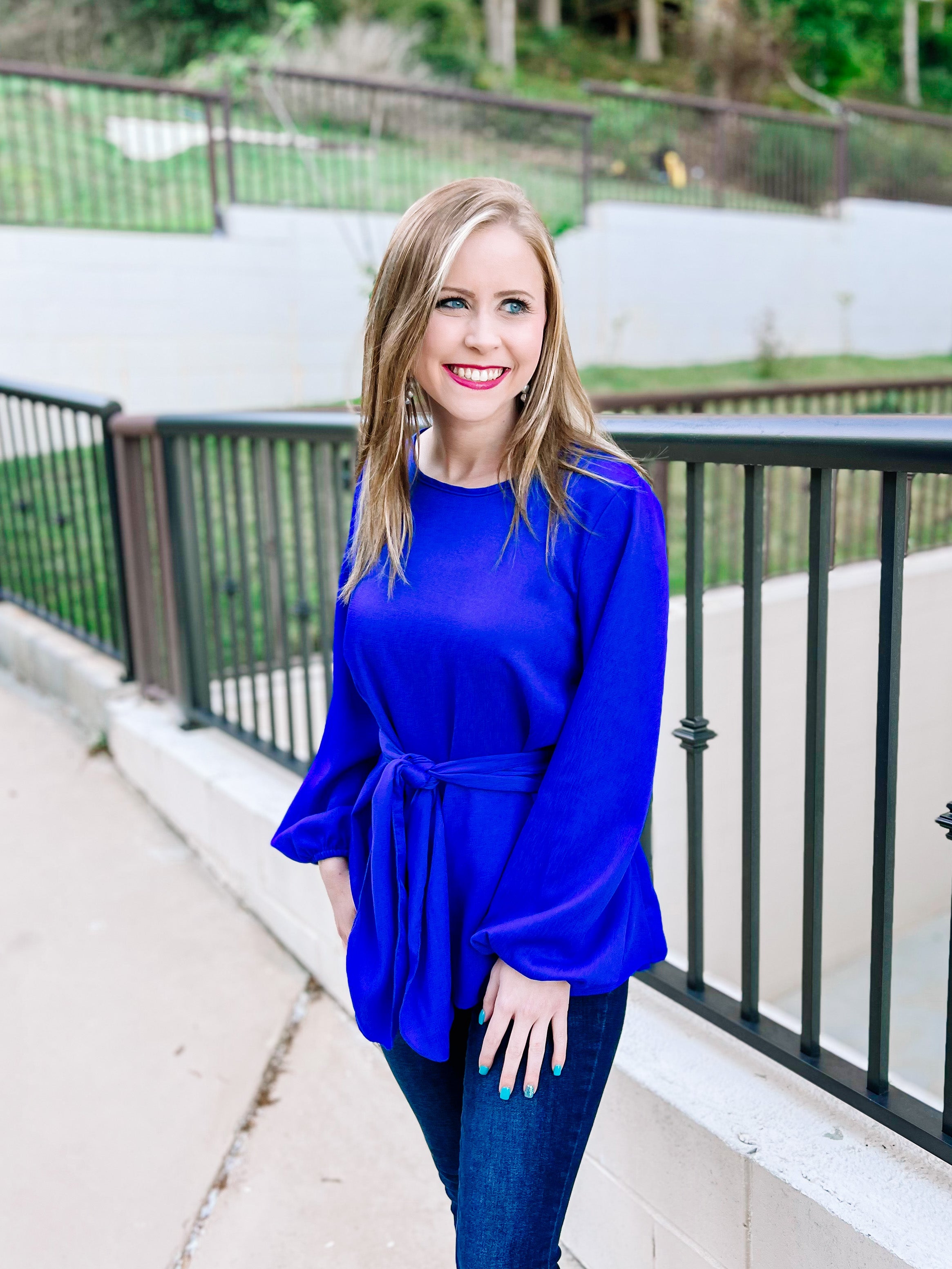 Royal Blue Tie Waist Bow Blouse