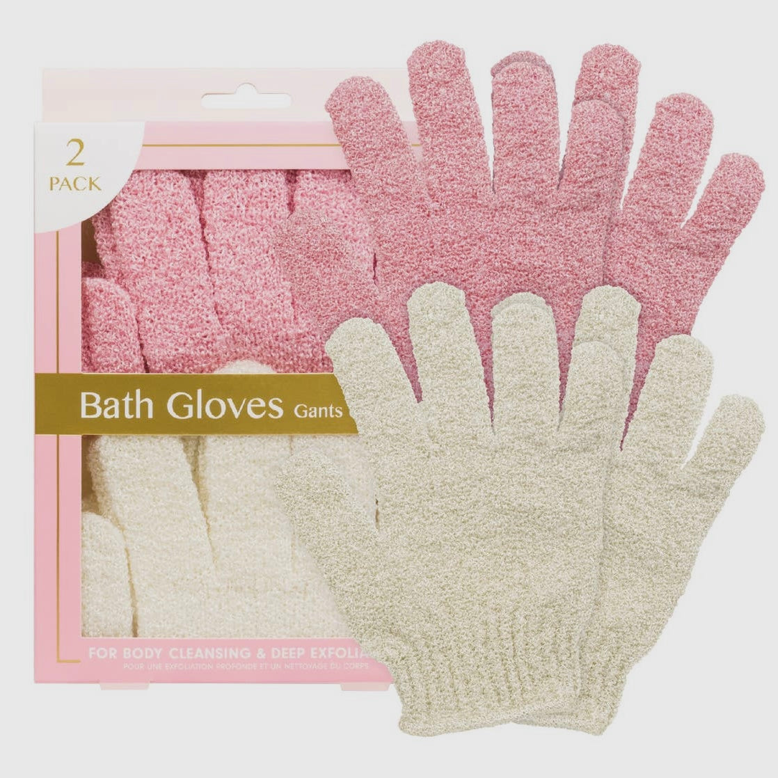 Bath Gloves Cleansing & Exfoliation 2 Pairs Pink & White