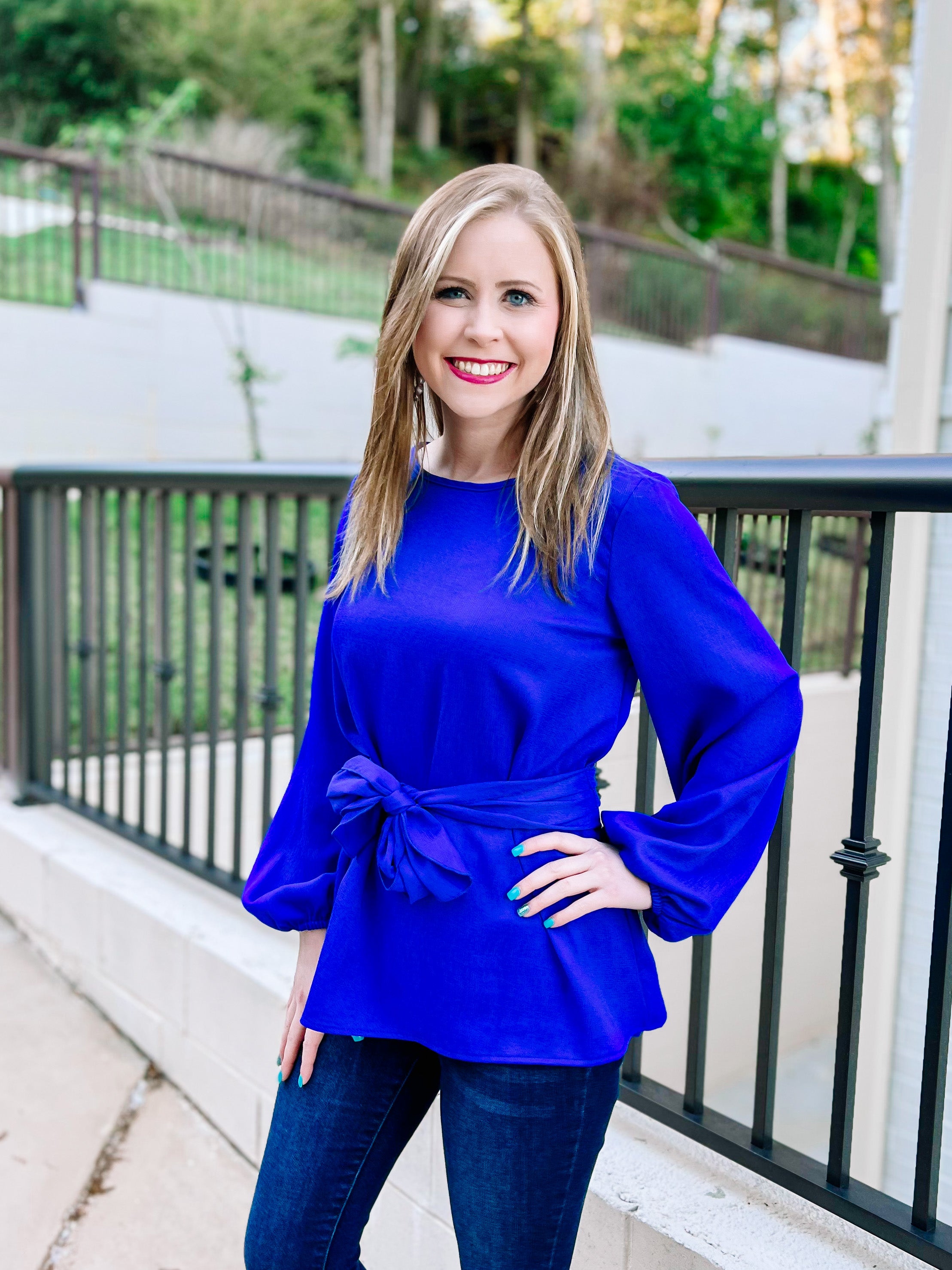 Royal Blue Tie Waist Bow Blouse