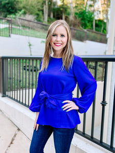 Royal Blue Tie Waist Bow Blouse