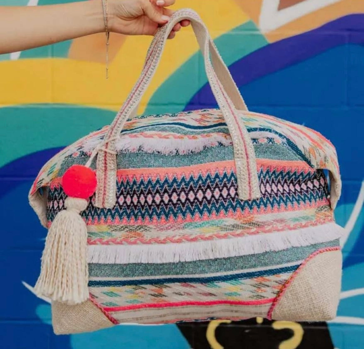 Multicolor White Frill Pom Pom Tassel Weekender Duffle Bag