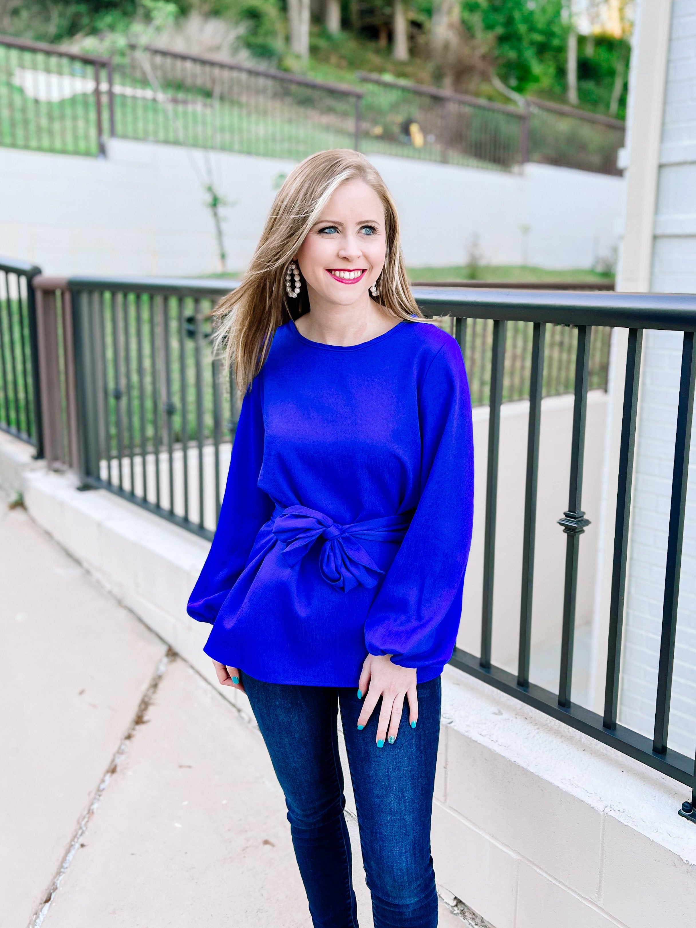 Royal Blue Tie Waist Bow Blouse