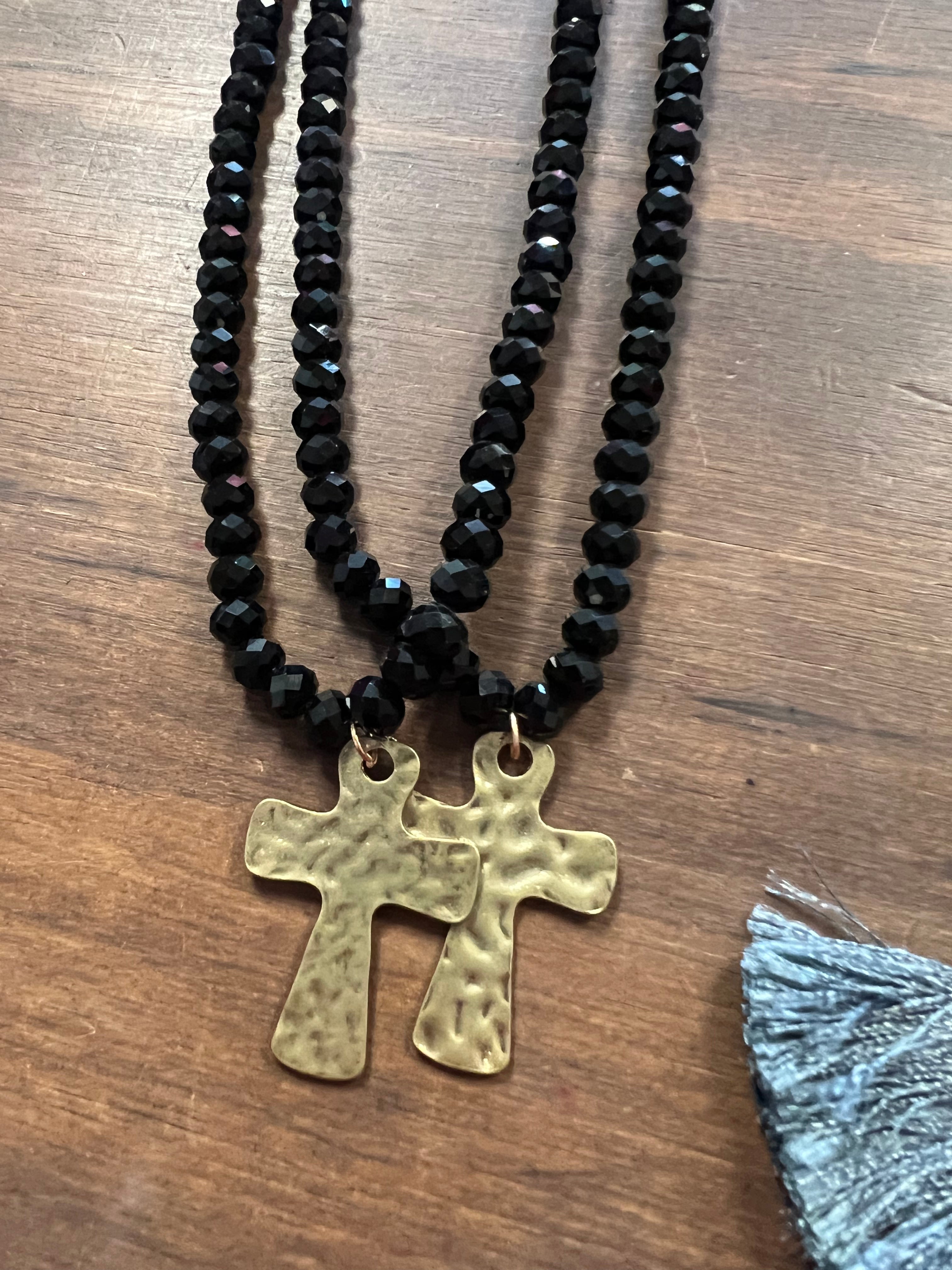 Black Beaded Hammered Cross Necklace