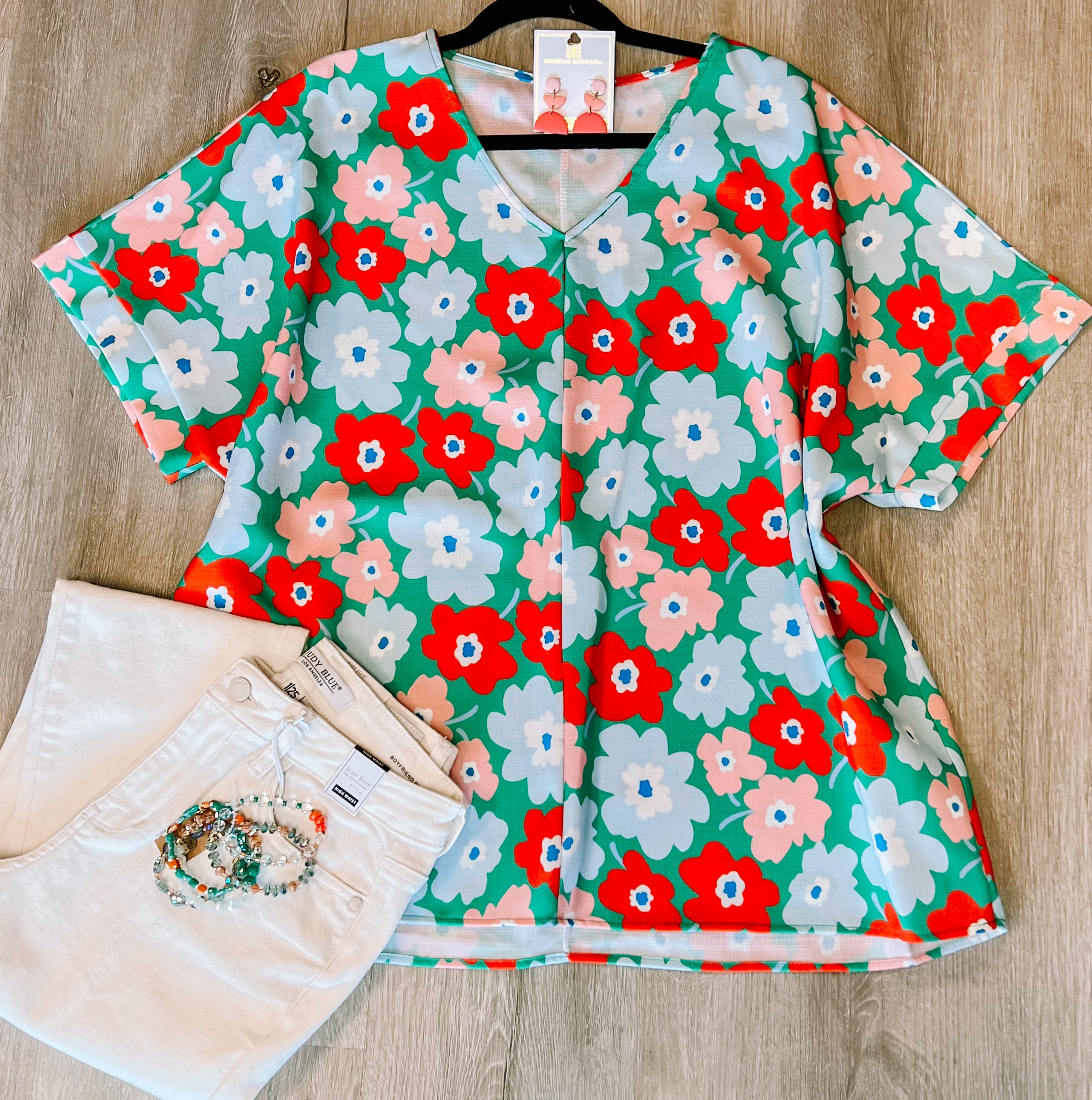 Green Orange Floral Vneck Drop Shoulder Top- SALE