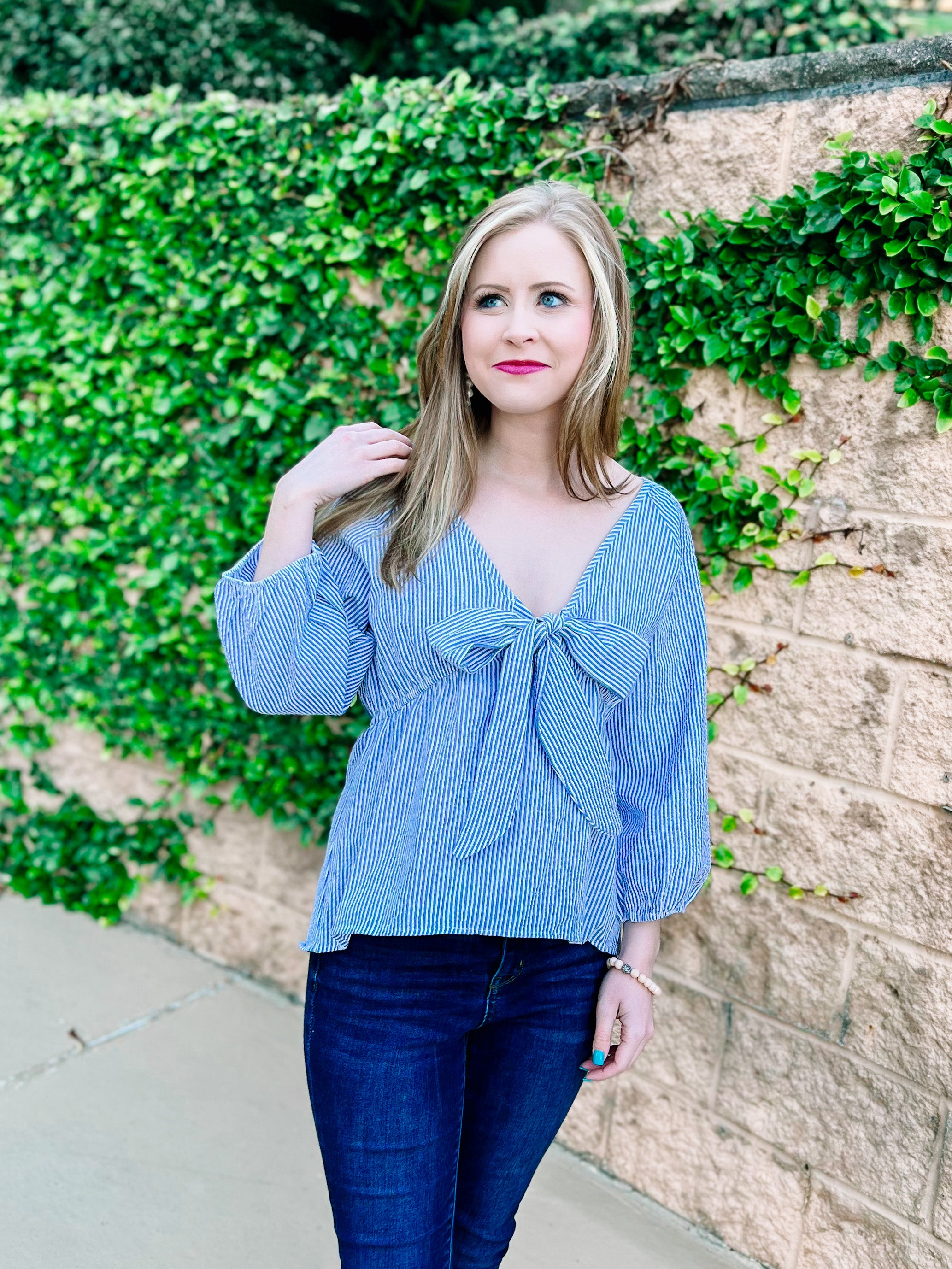 Seersucker Blue Striped Knotted Top- PLUS- SALE