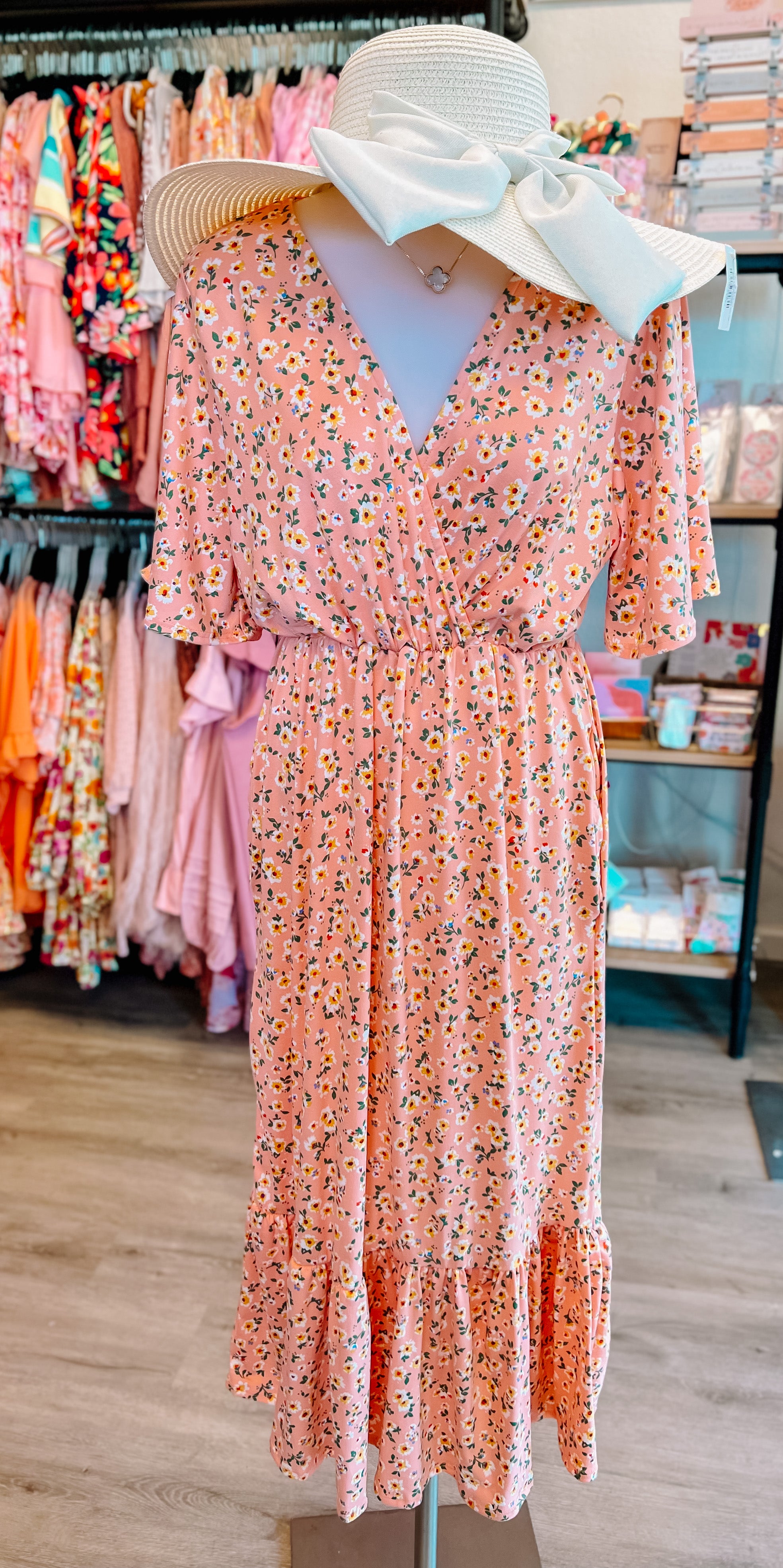 Peach Floral Surplice Elastic Waist Ruffle Maxi Dress-PLUS