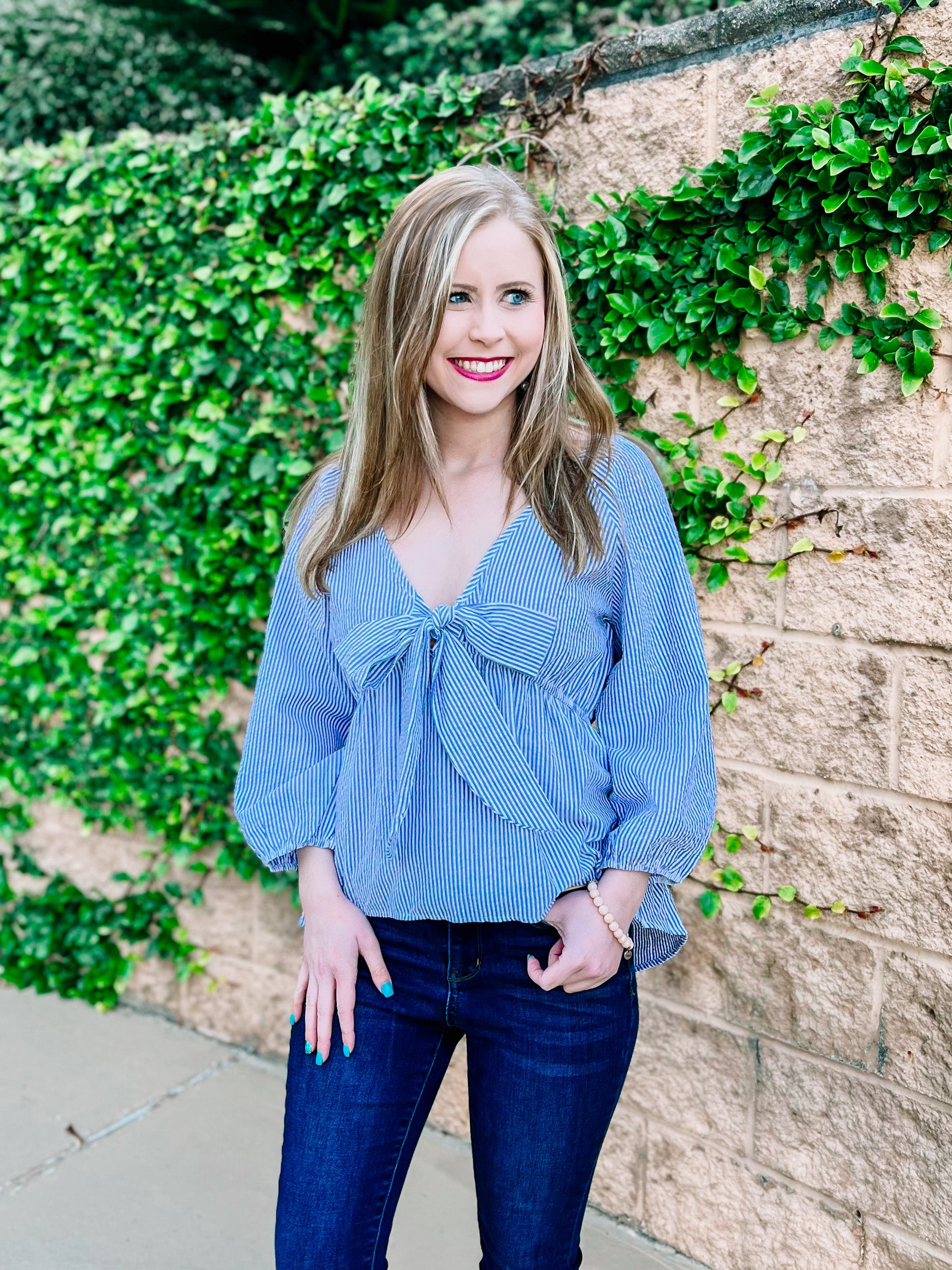 Seersucker Blue Striped Knotted Top- PLUS- SALE