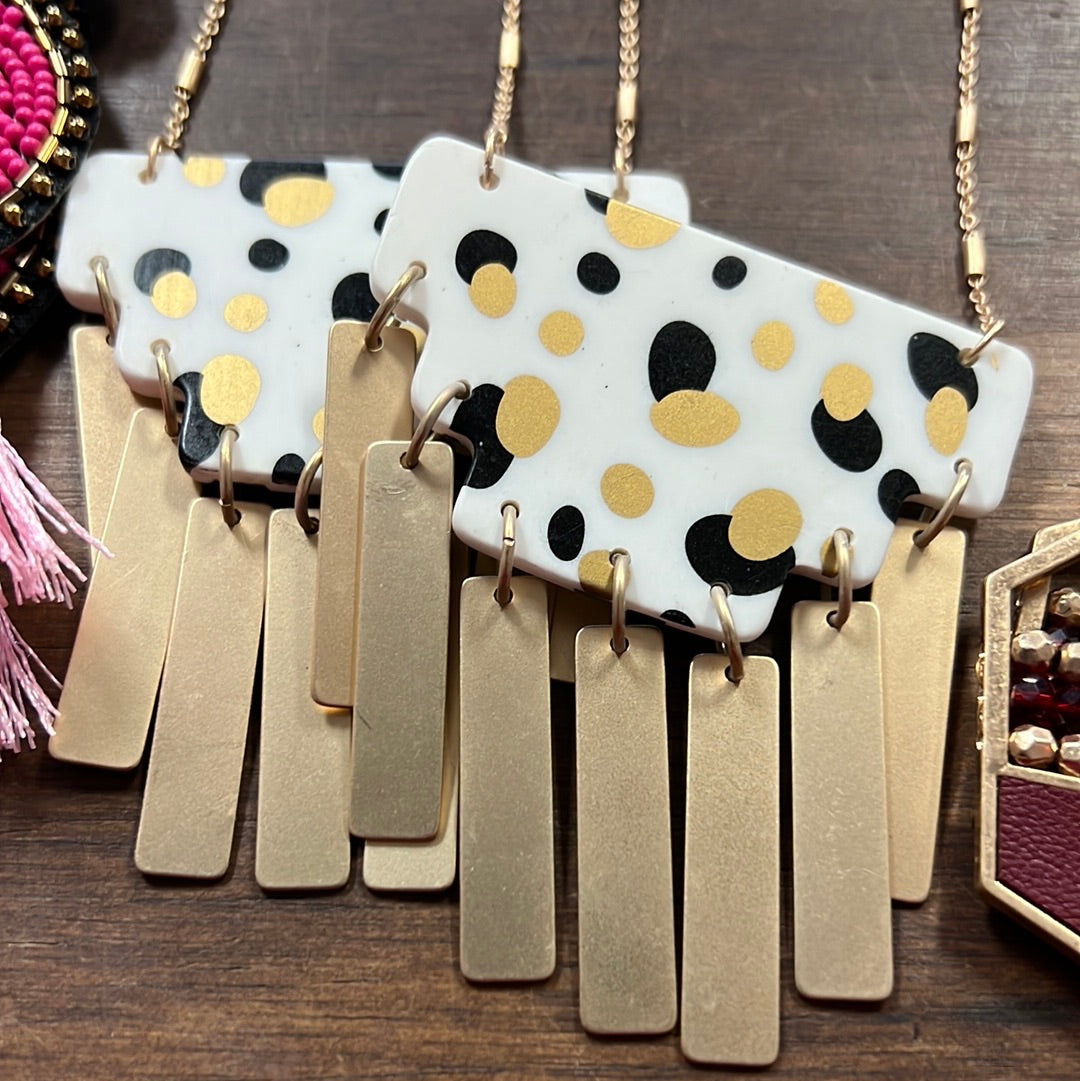 Gold Metal Fringe White Gold Black Dots Necklace