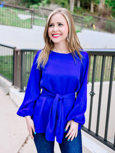 Royal Blue Tie Waist Bow Blouse