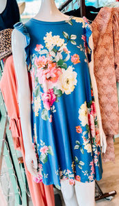 Blue Floral Ruffle Dress