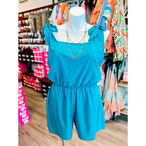 Teal Woven Tie Knot Bow Romper-PLUS