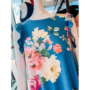 Blue Floral Ruffle Dress