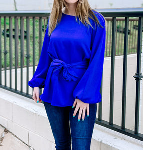 Royal Blue Tie Waist Bow Blouse