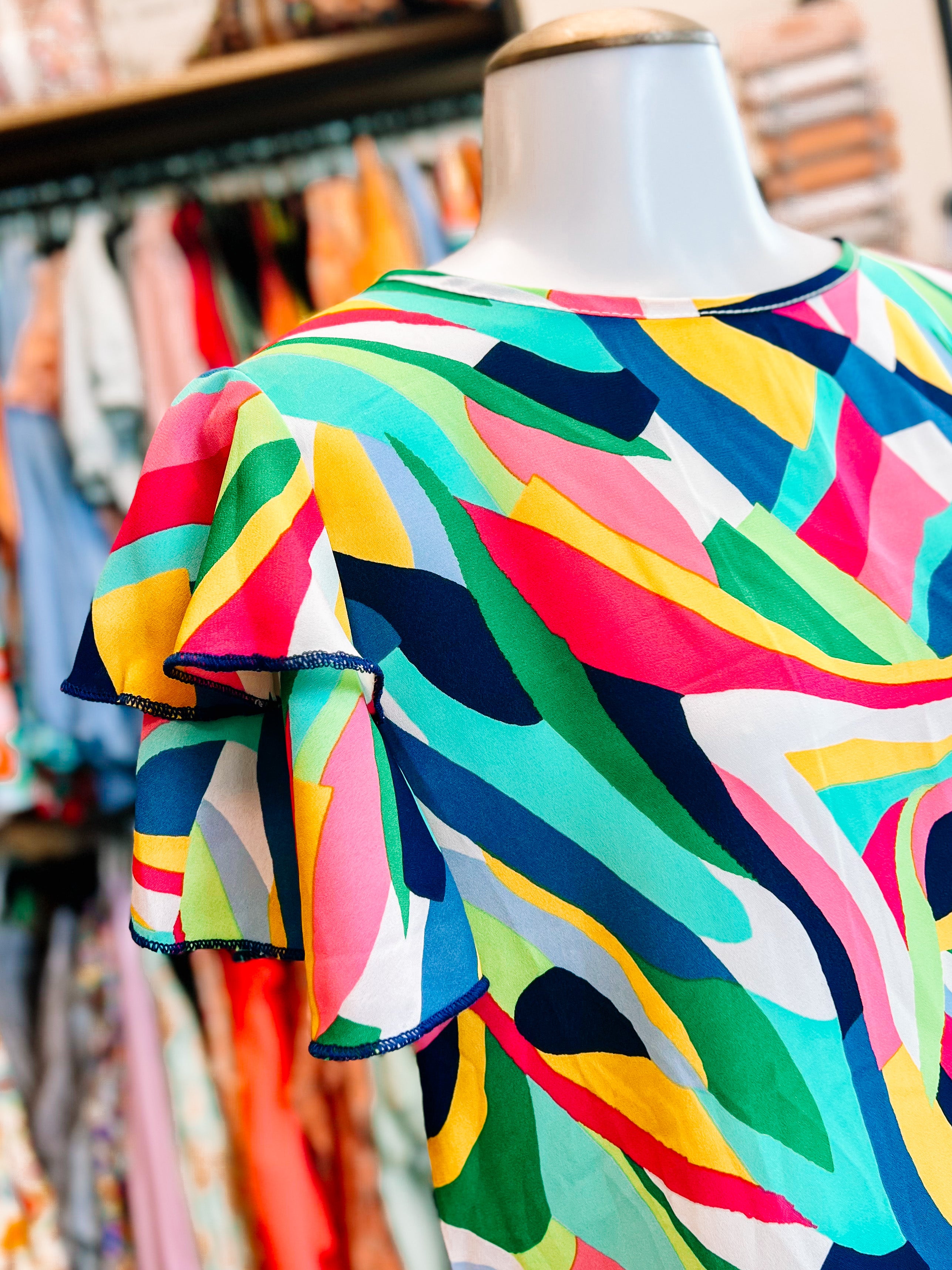 Green Navy Geometric Rufle Top- PLUS- SALE- 1X AVAILABLE