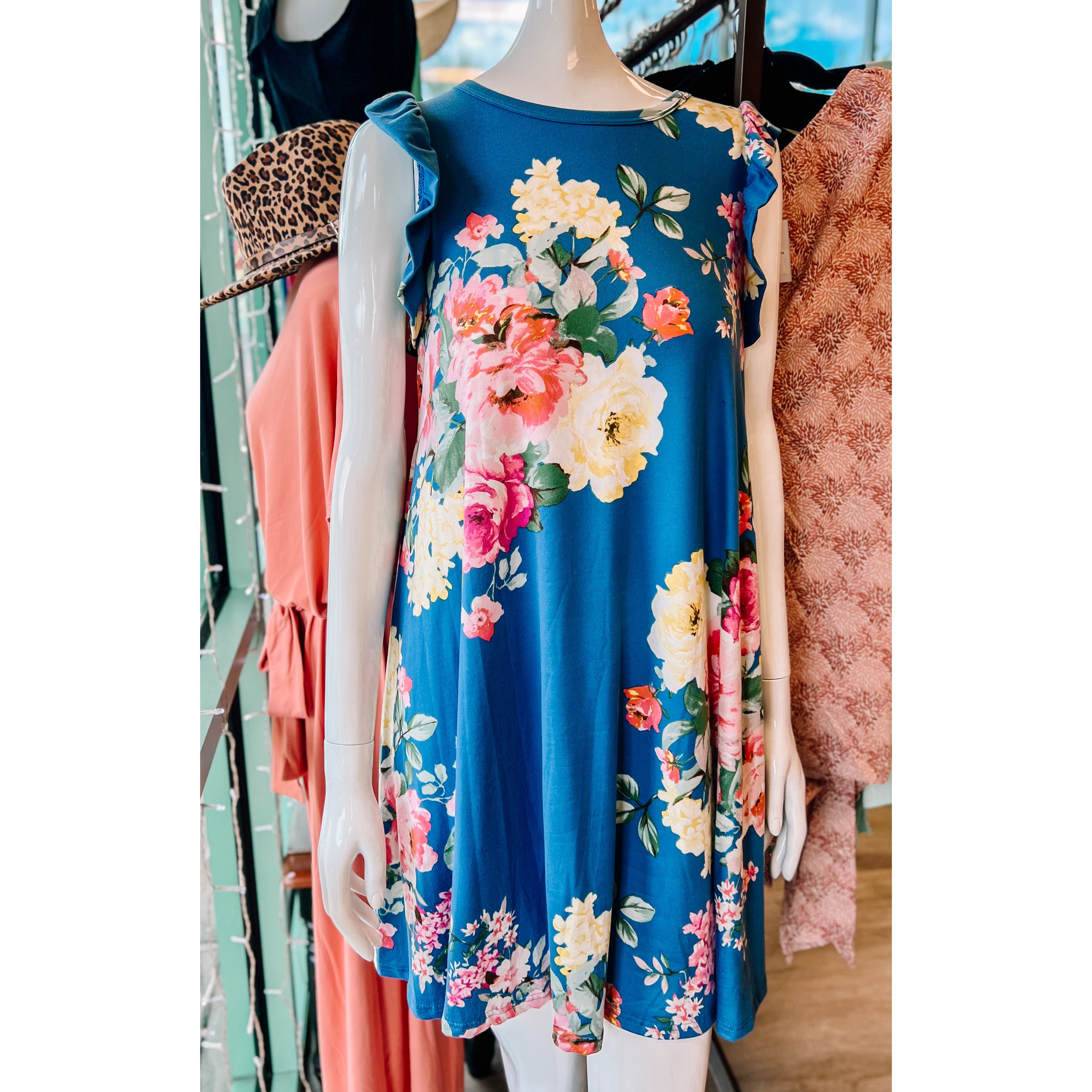 Blue Floral Ruffle Dress