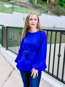 Royal Blue Tie Waist Bow Blouse