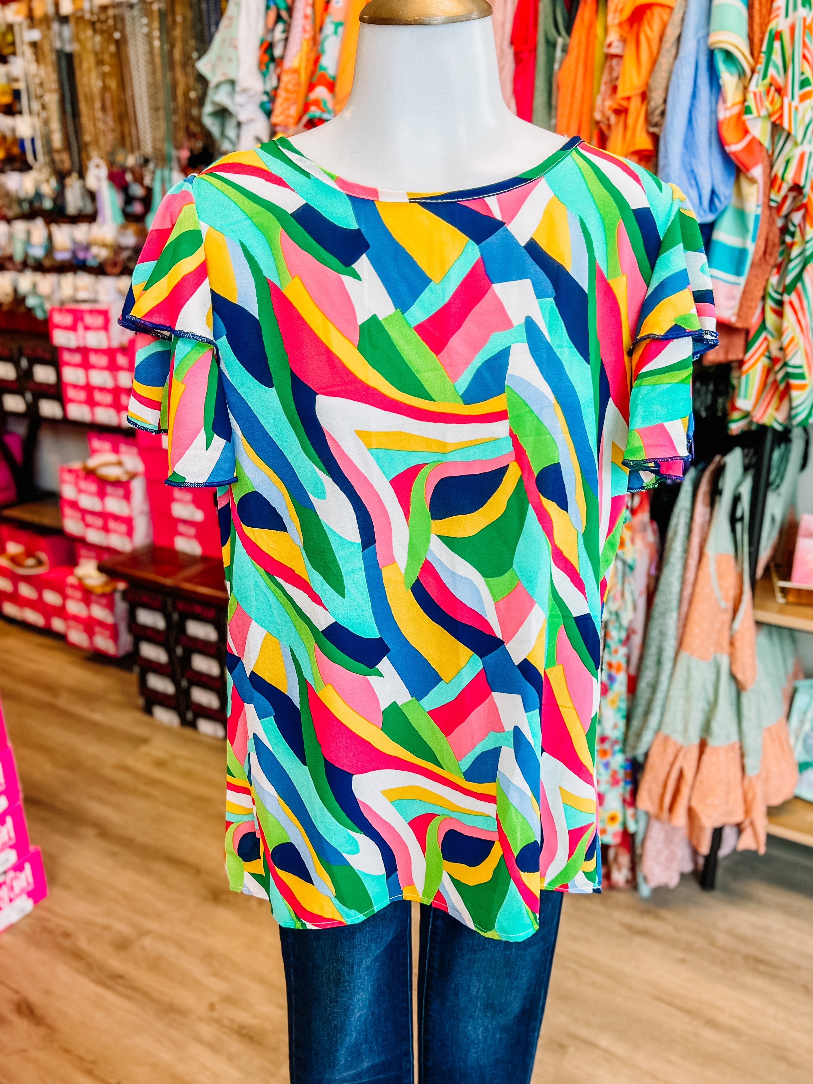 Green Navy Geometric Rufle Top- PLUS- SALE- 1X AVAILABLE