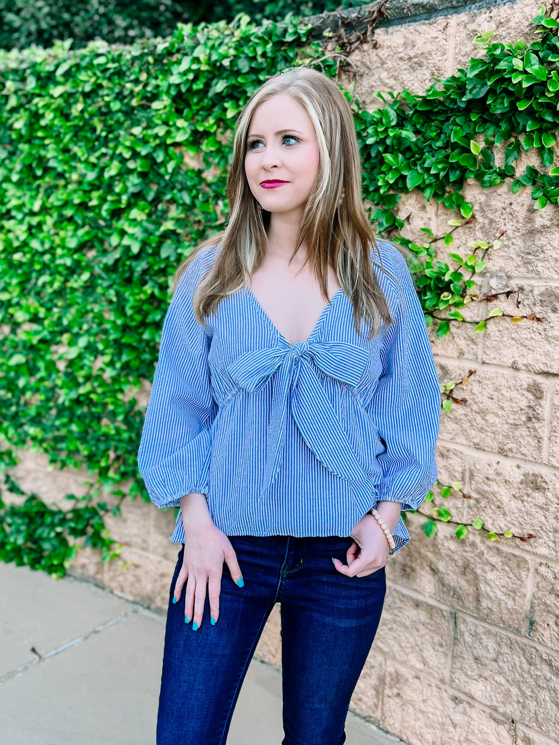 Seersucker Blue Striped Knotted Top- PLUS- SALE