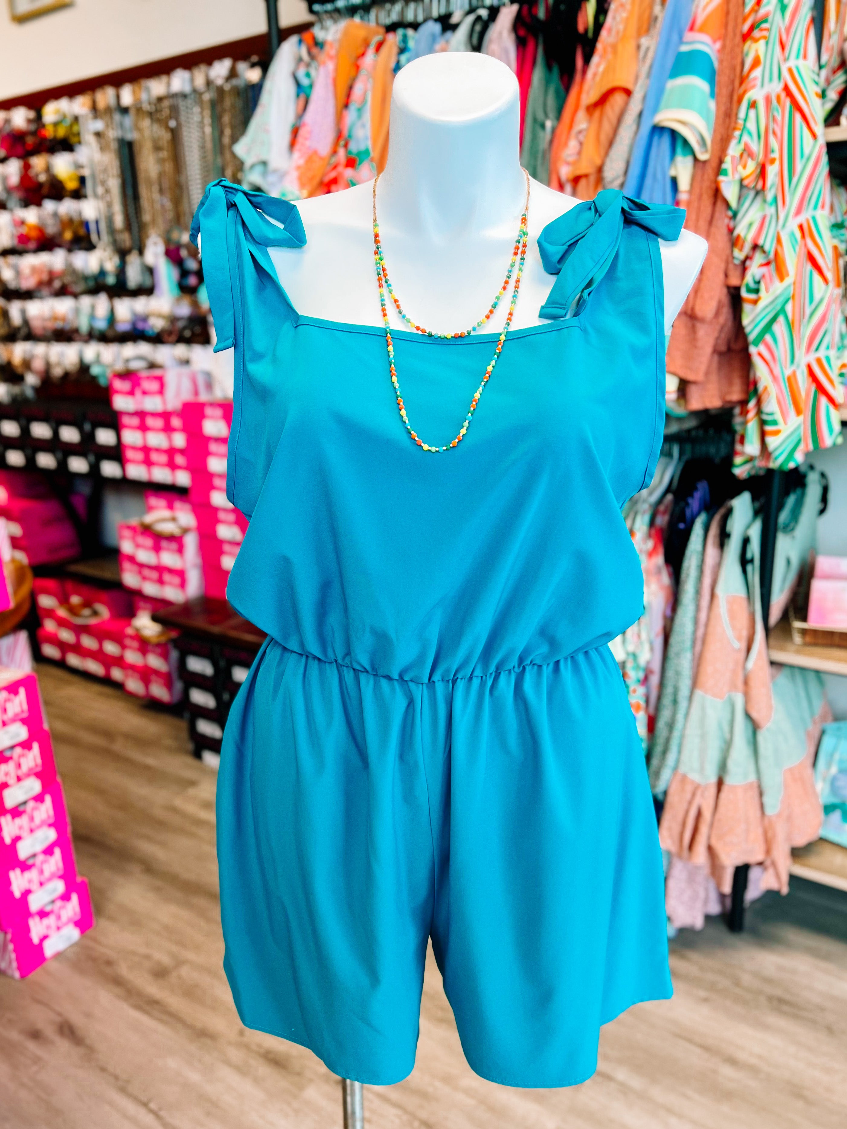 Teal Woven Tie Knot Bow Romper-PLUS