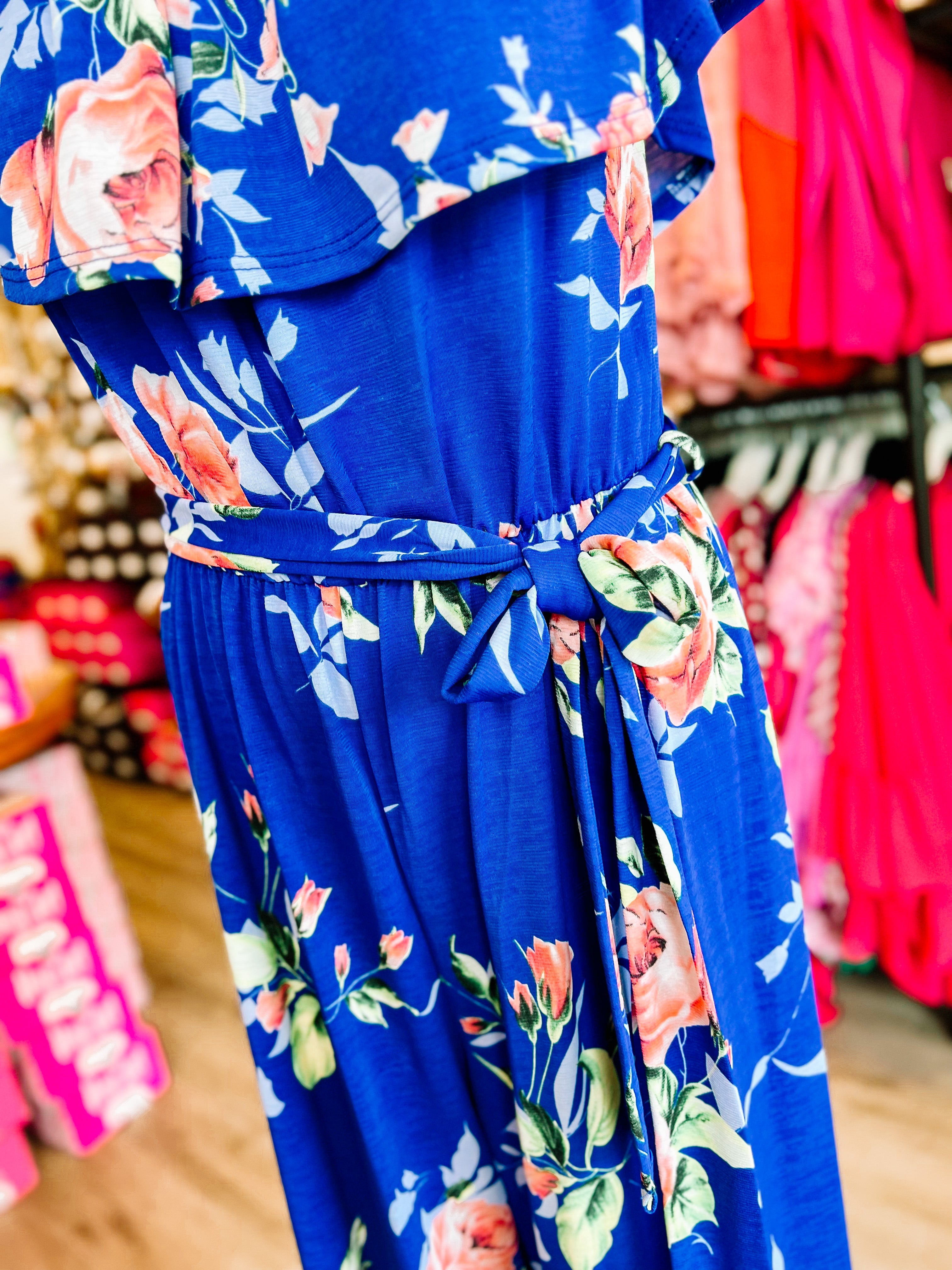 Blue Floral Off/On Shoulder Jumpsuit