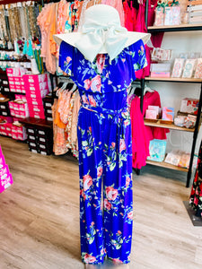 Blue Floral Off/On Shoulder Jumpsuit